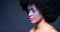 Color face paint makeup, black woman portrait and unique, creative art and fantasy cosmetics on dark studio background