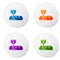 Color First communion symbols for a nice invitation icon isolated on white background. Set icons in circle buttons