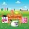 Color flat farm of cows pig hen duck and sheep stand in green field with welcome wooden board