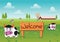 Color flat farm of cows stand in green field with welcome wooden board