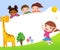 Color frame with group of kids and giraffe,background.