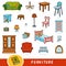 Color furniture set, collection of vector items with names in English. Cartoon visual dictionary