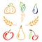 Color garden icon set - spikelet, pumpkin, pear, apple, cherry, carrot, zucchini. Simplified retro illustration