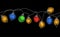 Color garland string, festoon. Glowing christmas lights, festive decorations on black background. Vector seamless