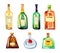 Color glass alcohol bottles with lables. Watercolor hand drawn sketch illustration set