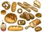 Color hand drawn bread. French loaf, fresh bakery donut, sesame bun and pretzel vector illustration set