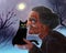 Color hand drawn illustration of a frightening witch with a black cat in her arms. Full moon, starry sky. Terrible old woman. Fog