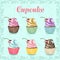 Color hand drawn sweet cupcakes set on blue background