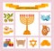 Color Hanukkah icons with Torah, menorah and dreidels