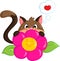 Color illustration of a cute little brown cat, hiding behind a big pink flower, for children`s book, Easter or Valentine`s card