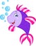 Color illustration of a cute little purple fish, smiling, with bubbles, perfect for children`s book