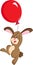 Color illustration of a cute little rabbit, holding a big red balloon, floating in the air, for children`s book or Easter card