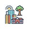 Color illustration icon for Hometown, city and building