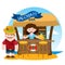 The color illustration with the image of the summer bar. Man and woman relaxing on the beach. The bartender and the client
