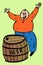 Color Illustration of joyful man standing next to a beer barrel
