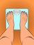 Color illustration in pop art style. The girl stands on the scales. A girl measures her weight. Female legs top view. Elect