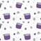 Color illustration of seamless pattern with jars of jam, blueberry and twigs. Isolated objects on a white background. Doodle