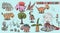 Color illustration of small dinosaurs and trees, plants, stones, for design in Doodle style