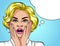 Color illustration in the style of pop art. The blonde girl opened her mouth in surprise. Beautiful woman in shock. The gir
