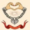 Color illustration of Valentines day theme hands in the form of a heart shackled with chains and closed on a padlock