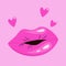 Color illustration of voluminous plump lips. Bright tender lips with hearts for Kissing Day. Air kiss. Template for
