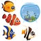 Color image of aquarium fishes on white background. Clownfish, guppy, angelfish. Pets. Vector illustration for kids