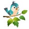 Color image of cartoon bird on branch on white background. Vector illustration for kids