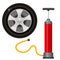 Color image of cartoon car wheel and pump on a white background. Vector illustration.