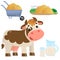 Color image of cartoon cow with milk on white background. Farm animals. Vector illustration set for kids