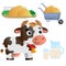 Color image of cartoon cow with milk on white background. Farm animals. Vector illustration set for kids