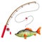 Color image of cartoon fishing rod with big fish on white background. Hobby and fishery. Vector illustration