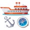 Color image of cartoon ship on a white background. Steamship. Magnetic compass. Anchor. Water transport. Vector illustration