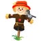 Color image of cartoon stuffed or scarecrow with crow on white background. Vegetable garden. Vector illustration for kids