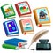 Color image of children\\\'s books on white background. Fairy tale and adventure. Encyclopedia and fiction. Inkwell with feather pen