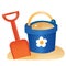 Color image of children`s toy shovel with bucket on white background. Outdoors games in sandbox. Vector illustration