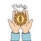 Color image hands holding in palms a golden coin charity symbol