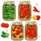 Color image of jars of marinated vegetables. Pickles. Cans of pickled tomatoes, cucumbers and peppers. Food and cooking. Vector