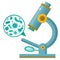 Color image of microscope on white background. Study of microorganisms and bacteria. Vector illustration for kids