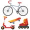 Color image of red Bicycle, scooter, skateboard and roller skates. Summer outdoor games and active recreation. Vector illustration