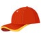 Color image of red children`s baseball cap. Summer headdress. Male clothing. Vector illustration for kids