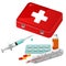 Color image of red first aid kit with medications on white background. Health and medical. Vector illustration set