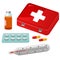 Color image of red first aid kit with medications on white background. Health and medical. Vector illustration set