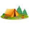 Color image of tourism camp with tent and campfire on white background. Camping. Vector illustration