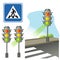 Color image of traffic signal with green light, crosswalk and road sign on a white background. Vector illustration set for kids.