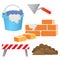 Color images of brick wall, cement with shpatel on a white background. Set of building tools. Vector illustration for kids.
