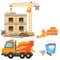 Color images of build of house with elevating crane, concrete mixer and construction tools on a white background. Vector illustrat