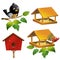 Color images of cartoon bird with birdhouse and of feeder on white background. Vector illustration set for kids