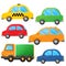 Color images of cartoon cars on white background. Taxi, passenger cars and truck. Transport or vehicle. Vector illustration set