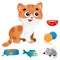 Color images of cartoon cat with feed and toys on white background. Pets. Vector illustration set for kids