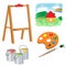 Color images of cartoon easel, of kids drawings with watercolor paint and brush on white background. Vector illustration set for